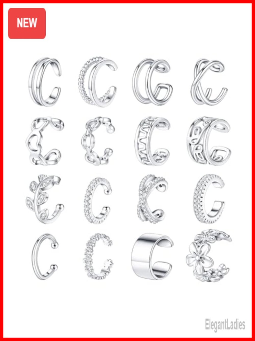 16pc Gold Plated Ear Cuffs Non Piercing Adjustable Clip On Set
